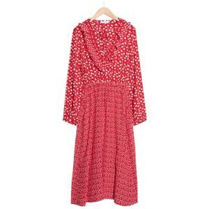 & Other Stories 2 of Hearts Printed Midi Ruffle Red & White Neck Dress Size 10
